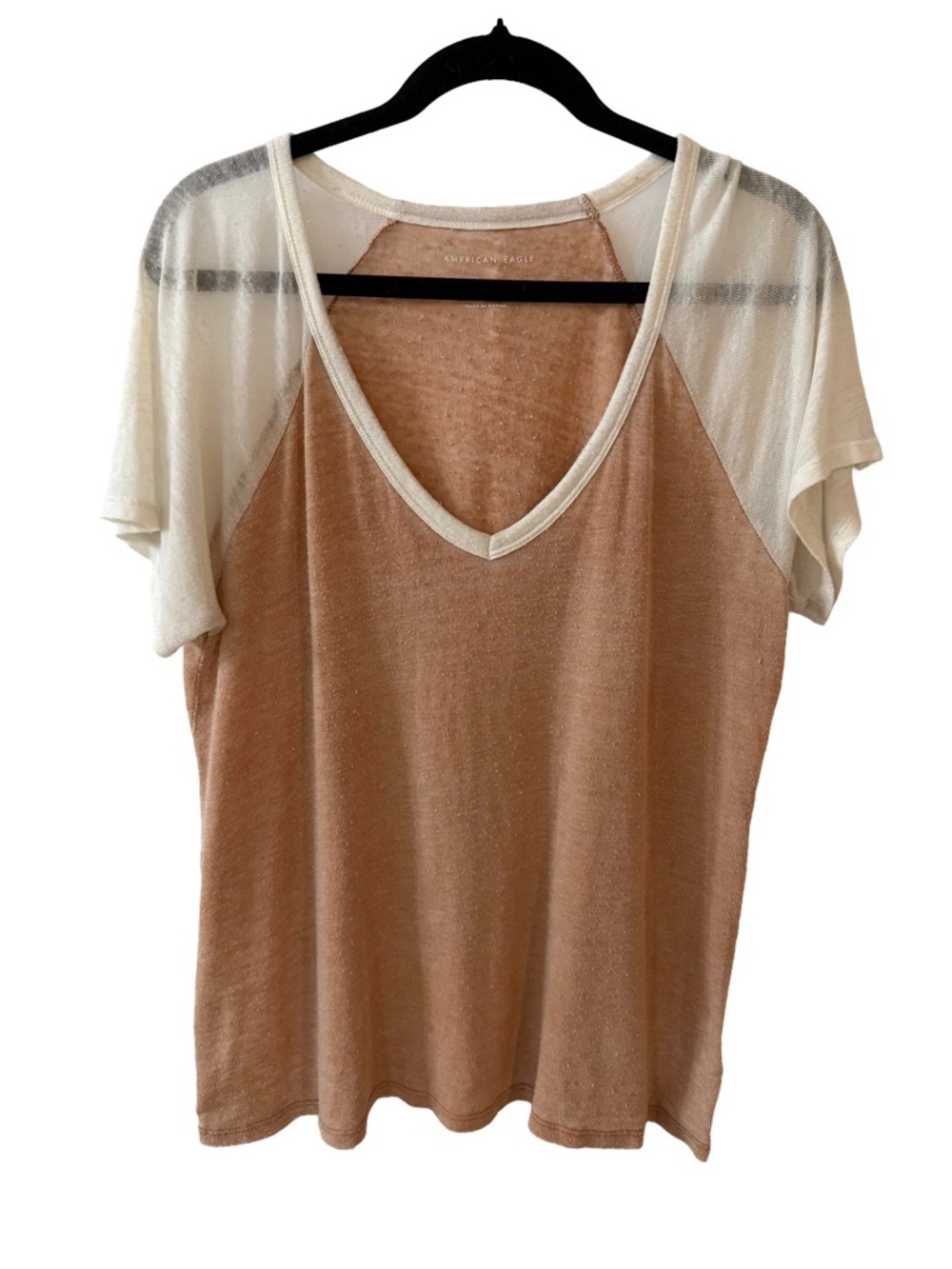 American Eagle Outfitters Pink and White V-Neck Raglan Short Sleeve Top